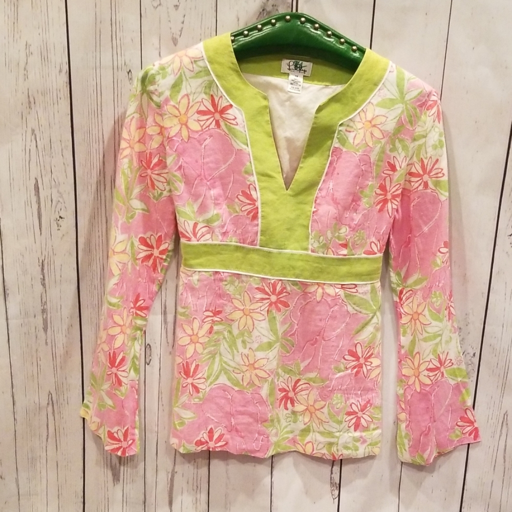 Lilly Pulitzer Green/Pink Rouched Blouse XS!